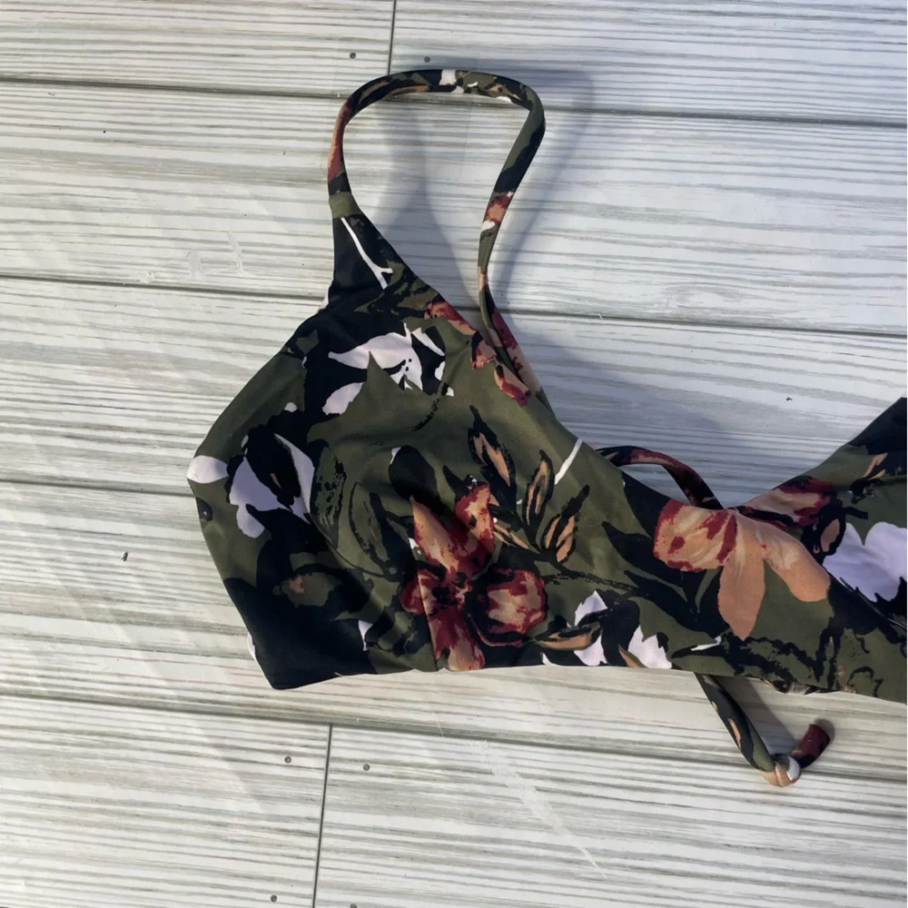 RVCA Floral Olive Green Scoop Bikini Top medium